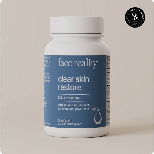 Face Reality Clear Skin Restore, a zinc and probiotic supplement supporting the gut-skin axis